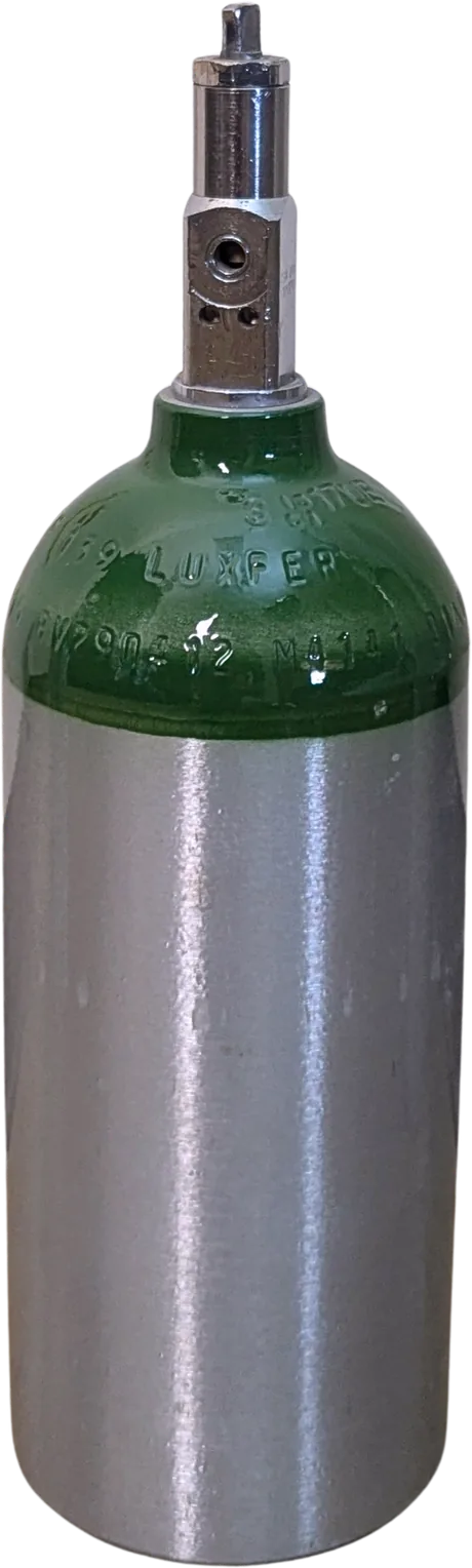 A refurbished aluminium cylinder with a green crown and a polished body